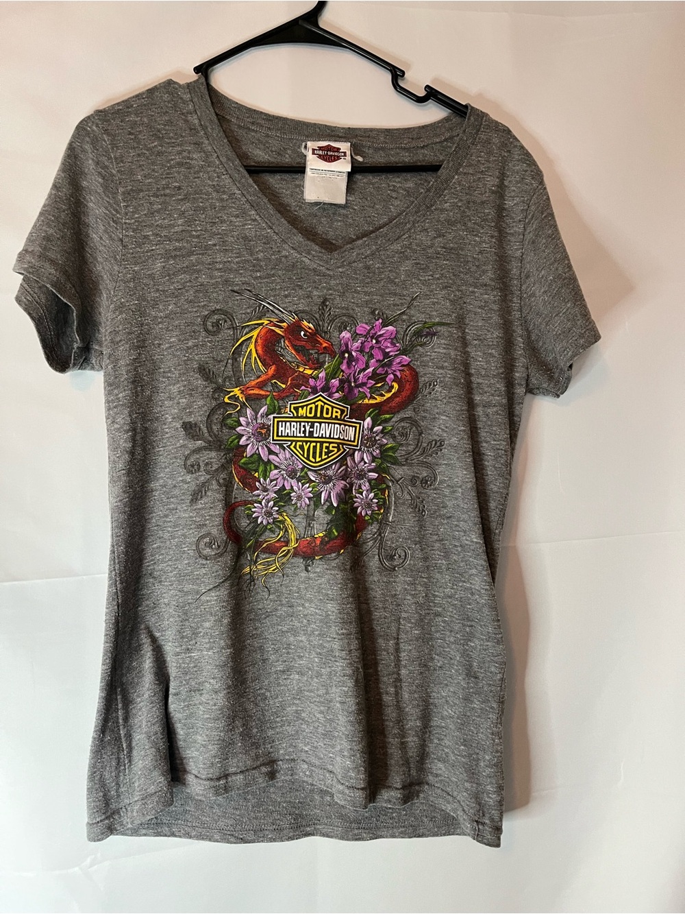 Harley-Davidson Gray V-Neck Tee with Red Dragon and Purple Floral Shield